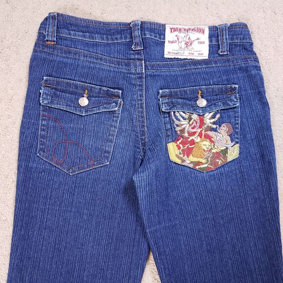 True Religion Women Jeans 33 Billy Bootcut Hindu God Durga Embroidered Flap - Picture 1 of 14